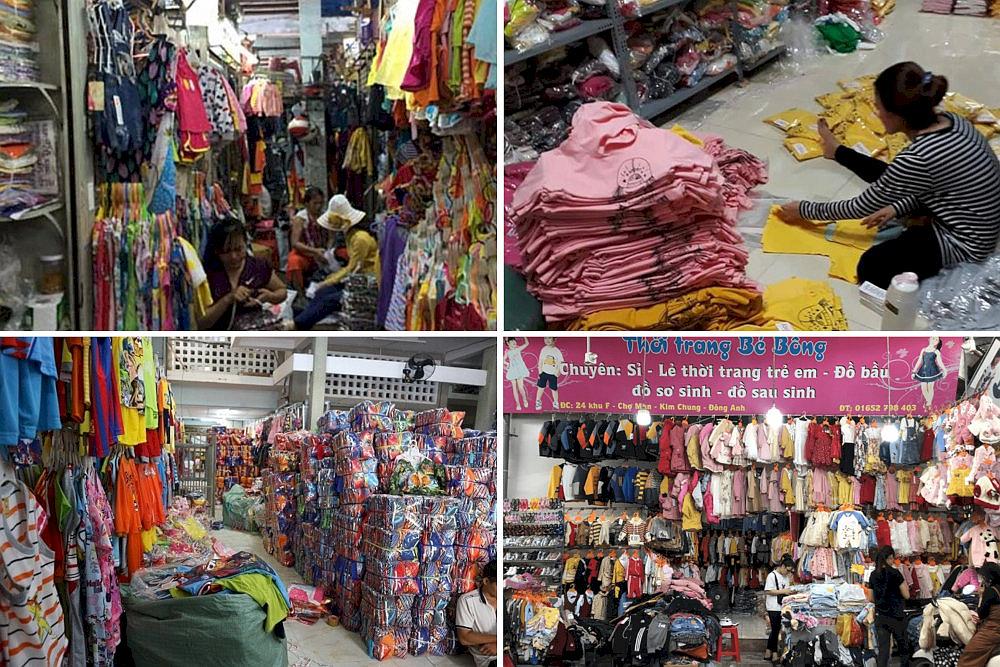 Rows of colorful children's clothing offered at wholesale prices, ranging from playful everyday outfits to formal wear